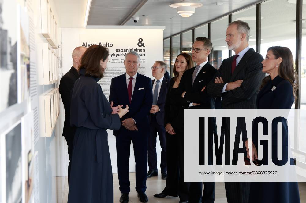 Finland King Felipe and Queen Letizia and President Alexander Stubb and Suzanne Innes-Stubb during the tour of the exhibition on the 2nd day of the 2 day statevisit to Finland. Â
