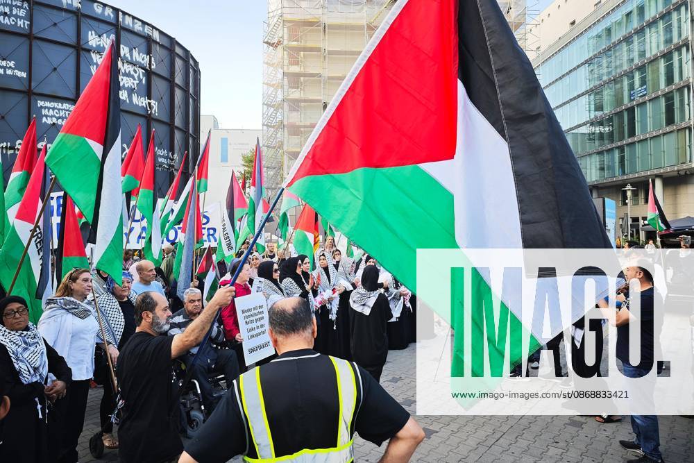 Berlin, Germany, October 7, 2026: Pro-Palestinian demonstration on the third anniversary of the Hamas attack on Israel near Checkpoint Charlie in the Mitte district