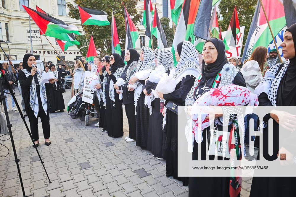 Berlin, Germany, October 7, 2026: Pro-Palestinian demonstration on the third anniversary of the Hamas attack on Israel near Checkpoint Charlie in the Mitte district