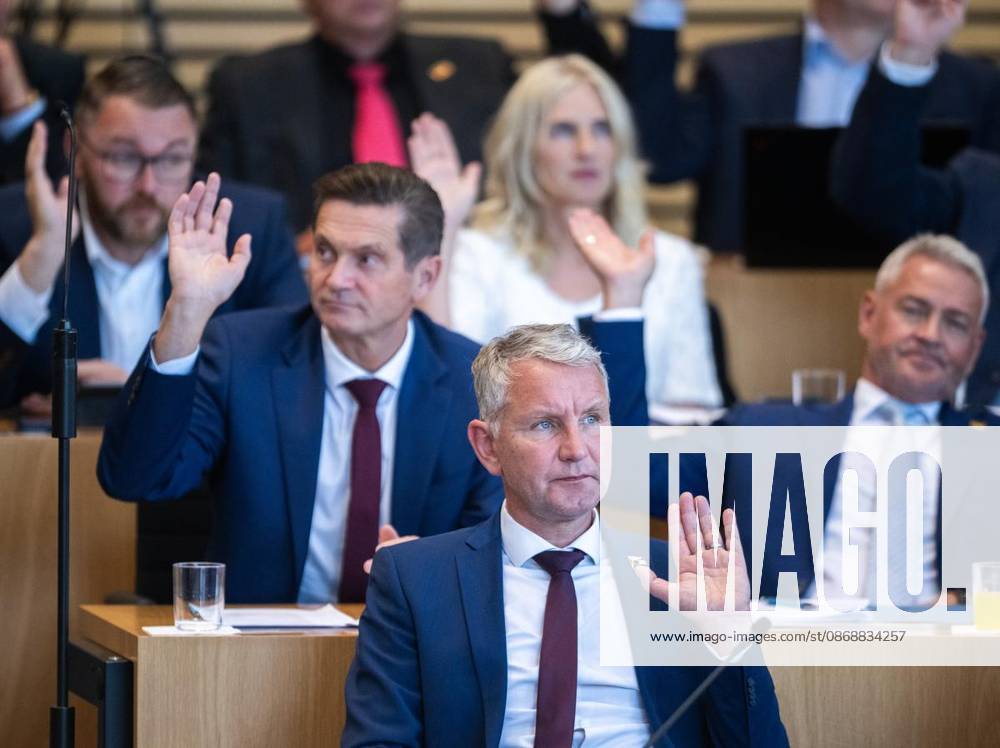 8 THURINGIAN STATE PARLIAMENT 56TH PLENARY SESSION ** FOR ** ** Oct. 7, 2026, Erfurt, Thuringian State Parliament, 8th Legislative Session, 56th Plenary Session. Photo: Björn Höcke (AfD), parliamentary group leader; Uwe Thrum (AfD). Germany, Thuringia, Erfurt. Copyright SaschaxFromm