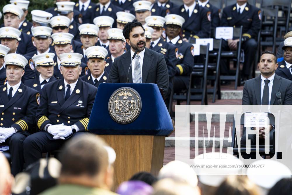 New York City Mayor ZOHRAN MAMDANI (D) speaking at the 119th Annual FDNY (Fire Department of the City of New York) Memorial Service in New York City. New York City United States - ZUMAb161 20261007_aap_b161_014