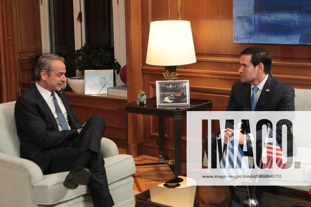 U.S. Secretary of State Marco Rubio meets with Greek Prime Minister Kyriakos Mitsotakis at the Maximos Mansion in Athens on Wednesday, October 7, 2026, during Rubioâ€⠢s official visit to Greece for the sixth Greeceâ€U.S. Strategic Dialogue. The meeting focuses on bilateral relations, defense and regional security, energy cooperation and wider developments in the Eastern Mediterranean. Athens Greece - ZUMAv62_ 20261007_zaf_v62_008