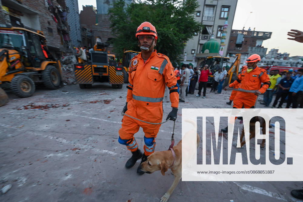 National Disaster Response Force (NDRF) jawans, Delhi Fire Service personnel, and local residents navigate heavy rubble during a search and rescue operation after a four-storey residential building collapsed in the New Seemapuri area of Shahdara on October 7, 2026, in New Delhi, India. The structural collapse occurred around 3:30 PM behind the local fish market, trapping multiple residents under concrete slabs and damaging two adjoining houses. At least one minor died while eight people were rescued and rushed to Rajiv Gandhi Super Speciality Hospital for emergency medical treatment as sniffer dogs and excavators worked late into the evening to locate remaining trapped survivors. (Photo by Raj K Raj Hindustan T