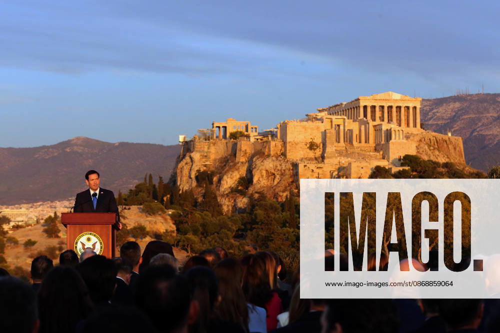 US Secretary of State visits Athens - US Secretary of State Marco Rubio delivers a speech on the Pnyx hill with the Acropolis in the background in Athens, Greece, 07 October 2026. Marco Rubio is visiting Athens for the launch of the 6th Greece-US Strategic Dialogue, focusing on defense, energy, and regional cooperation. ATHENS Greece