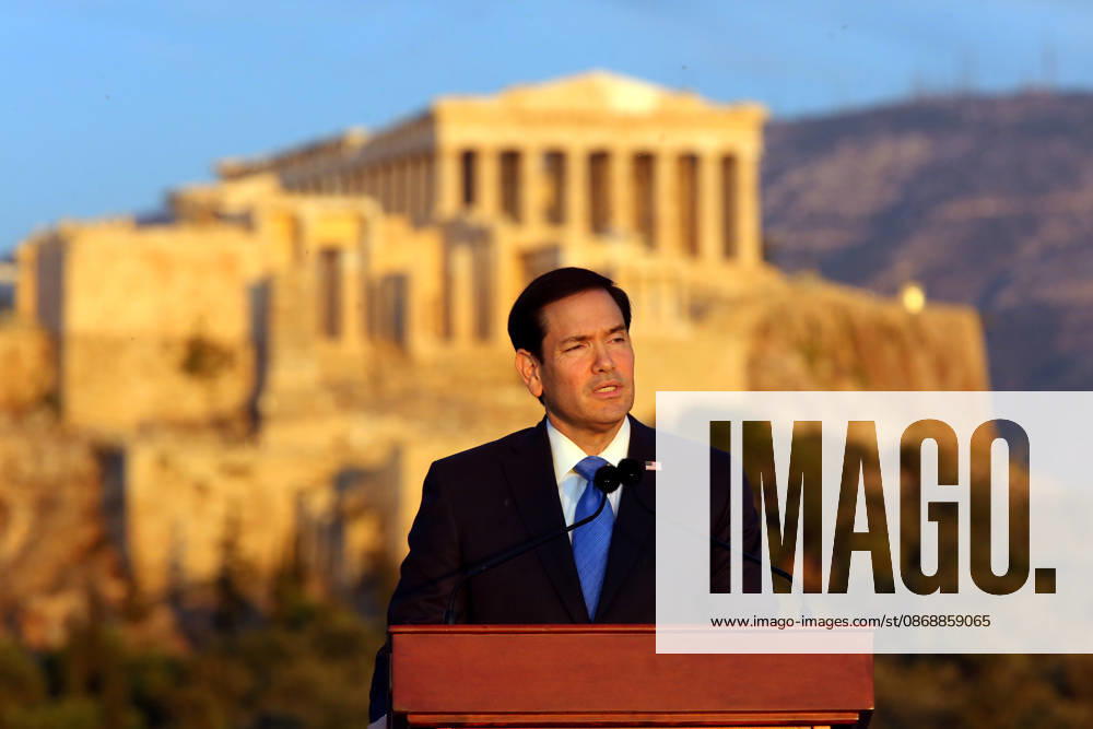 US Secretary of State visits Athens - US Secretary of State Marco Rubio delivers a speech on the Pnyx hill with the Acropolis in the background in Athens, Greece, 07 October 2026. Marco Rubio is visiting Athens for the launch of the 6th Greece-US Strategic Dialogue, focusing on defense, energy, and regional cooperation. ATHENS Greece