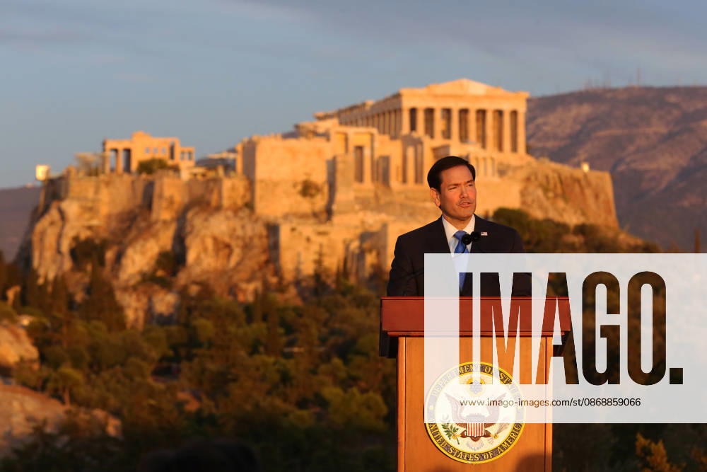 US Secretary of State visits Athens - US Secretary of State Marco Rubio delivers a speech on the Pnyx hill with the Acropolis in the background in Athens, Greece, 07 October 2026. Marco Rubio is visiting Athens for the launch of the 6th Greece-US Strategic Dialogue, focusing on defense, energy, and regional cooperation. ATHENS Greece