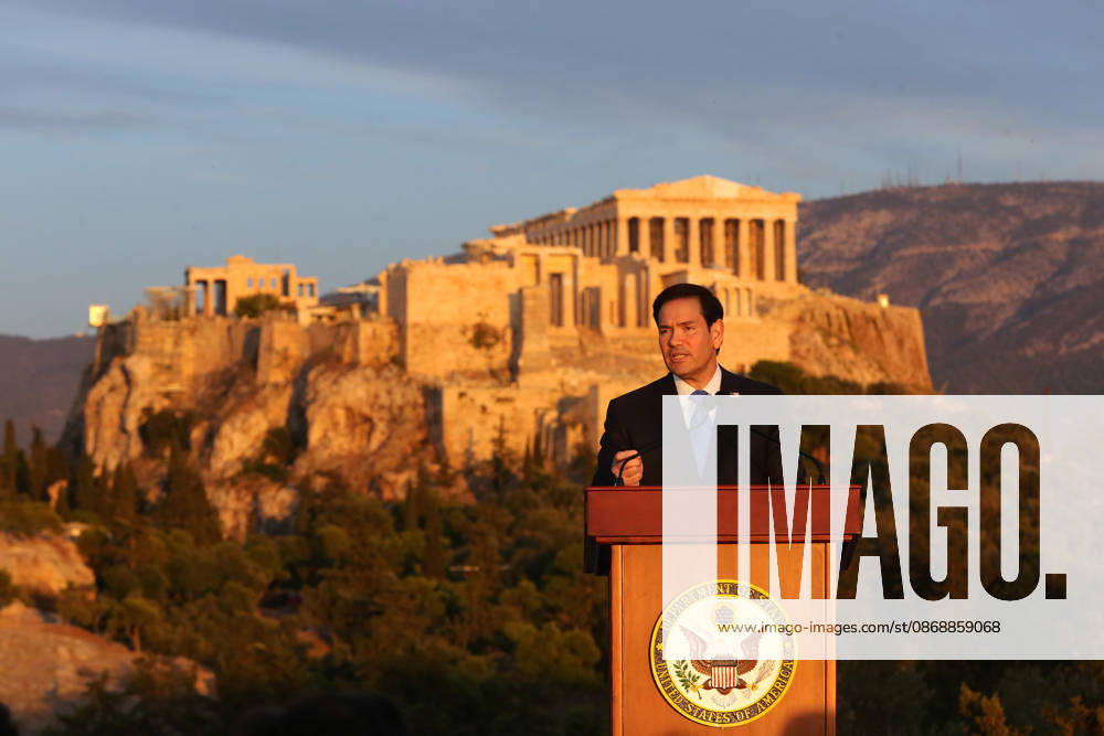 US Secretary of State visits Athens - US Secretary of State Marco Rubio delivers a speech on the Pnyx hill with the Acropolis in the background in Athens, Greece, 07 October 2026. Marco Rubio is visiting Athens for the launch of the 6th Greece-US Strategic Dialogue, focusing on defense, energy, and regional cooperation. ATHENS Greece