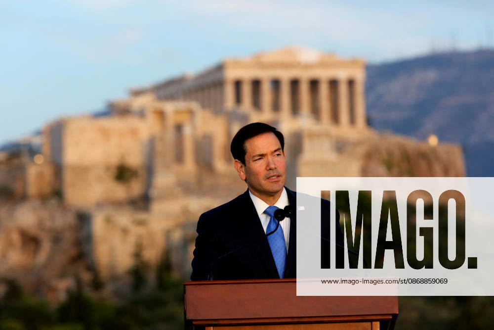 US Secretary of State visits Athens - US Secretary of State Marco Rubio delivers a speech on the Pnyx hill with the Acropolis in the background in Athens, Greece, 07 October 2026. Marco Rubio is visiting Athens for the launch of the 6th Greece-US Strategic Dialogue, focusing on defense, energy, and regional cooperation. ATHENS Greece