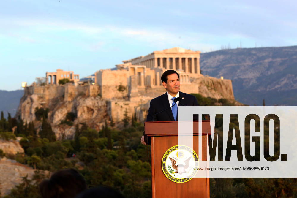 US Secretary of State visits Athens - US Secretary of State Marco Rubio delivers a speech on the Pnyx hill with the Acropolis in the background in Athens, Greece, 07 October 2026. Marco Rubio is visiting Athens for the launch of the 6th Greece-US Strategic Dialogue, focusing on defense, energy, and regional cooperation. ATHENS Greece