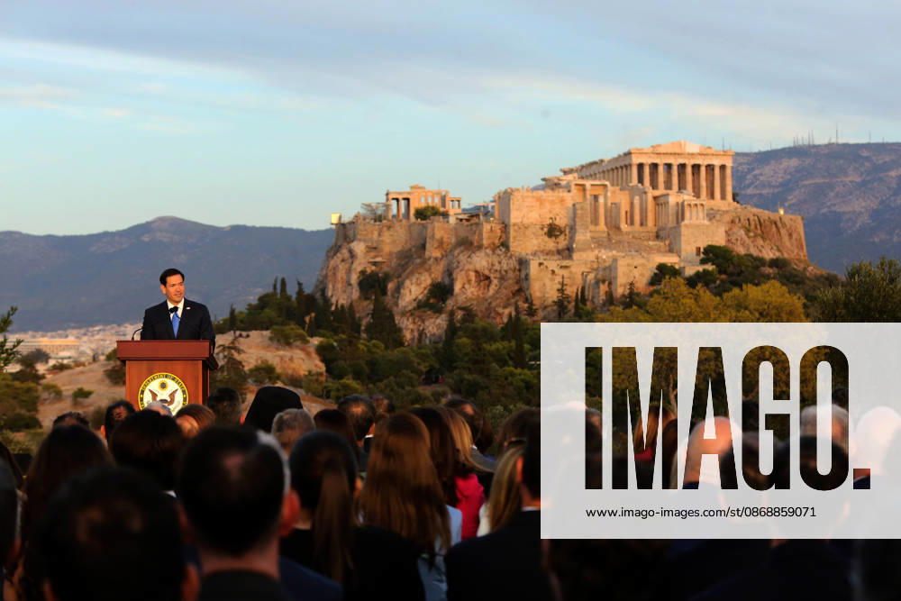 US Secretary of State visits Athens - US Secretary of State Marco Rubio delivers a speech on the Pnyx hill with the Acropolis in the background in Athens, Greece, 07 October 2026. Marco Rubio is visiting Athens for the launch of the 6th Greece-US Strategic Dialogue, focusing on defense, energy, and regional cooperation. ATHENS Greece