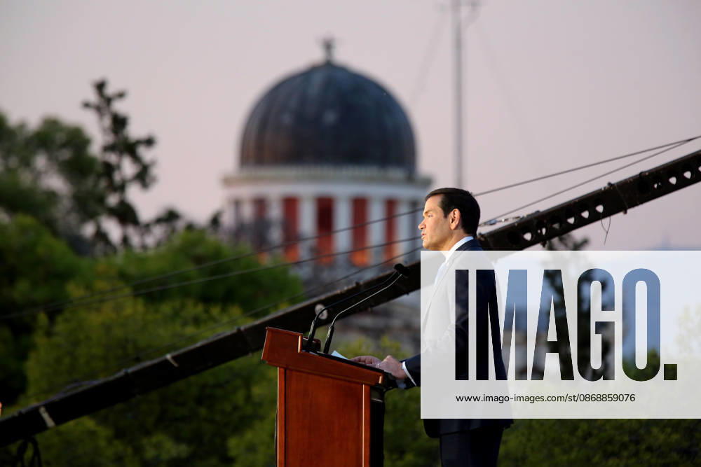 US Secretary of State visits Athens - US Secretary of State Marco Rubio delivers a speech on the Pnyx hill with the Acropolis in the background in Athens, Greece, 07 October 2026. Marco Rubio is visiting Athens for the launch of the 6th Greece-US Strategic Dialogue, focusing on defense, energy, and regional cooperation. ATHENS Greece