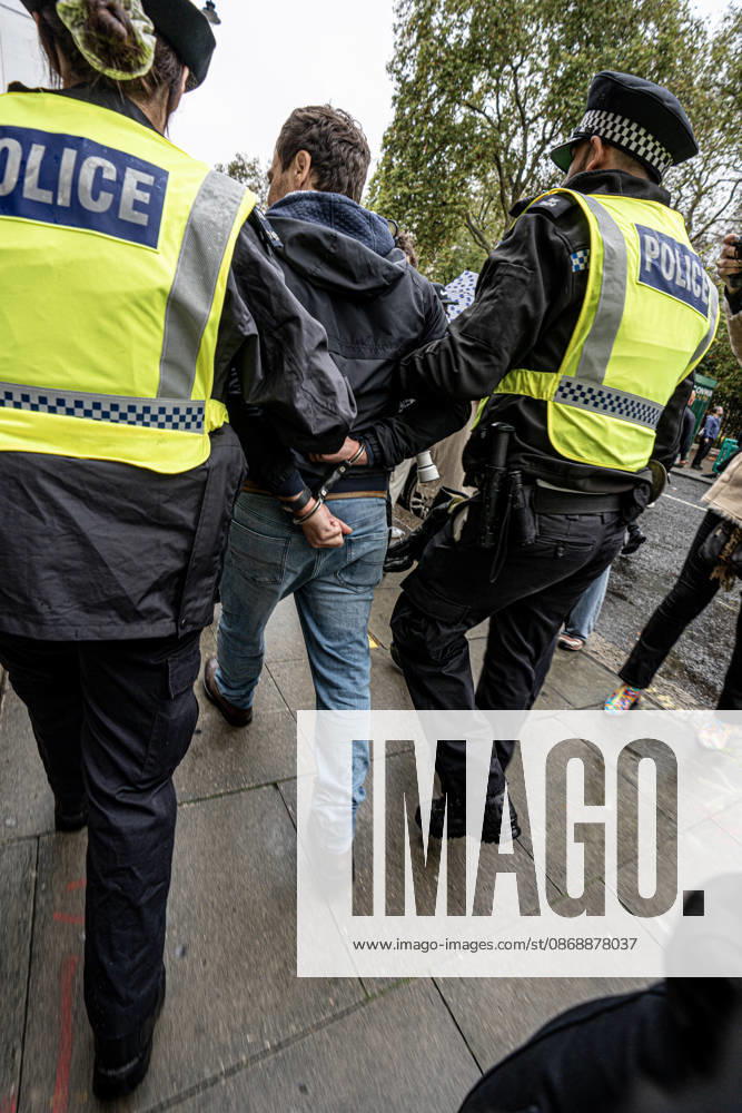 Pro-Israeil counter protestors challenge pro-Palestine demonstrators in London, UK - 7 OCT 2026. A pro-Israeli counter-protestor is arrested for breaching the peace and not maintaining sufficient distance from pro-Palestine demonstrators. Pro-Palestine activists from Central London Universities chose the 3rd anniversary of the October 7th attack by Hamas to protest against Israel’s war on Gaza. They clashed en route with pro-Israeli counter protestors. The demonstration was arranged by an inter-uni coalition that includes King’s College and LSE. London United Kingdom