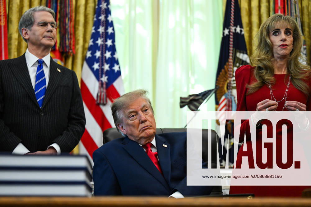 WASHINGTON, DC - OCT. 7: Susan Dell, wife of Dell Technologies CEO Michael Dell, right, speaks during an announcement with United States President Donald J Trump, center, on Trump Accounts in the Oval Office of the White House in Washington, DC, USA, on Wednesday, October 7, 2026. Looking on from left is US Secretary of the Treasury Scott Bessent.