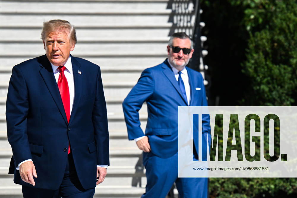 WASHINGTON, DC - OCT. 7: United States President Donald J Trump and US Senator Ted Cruz (Republican of Texas) walk out of the South Portico of the White House in Washington, DC, USA, to depart en route to a campaign rally in San Antonio, Texas on Wednesday