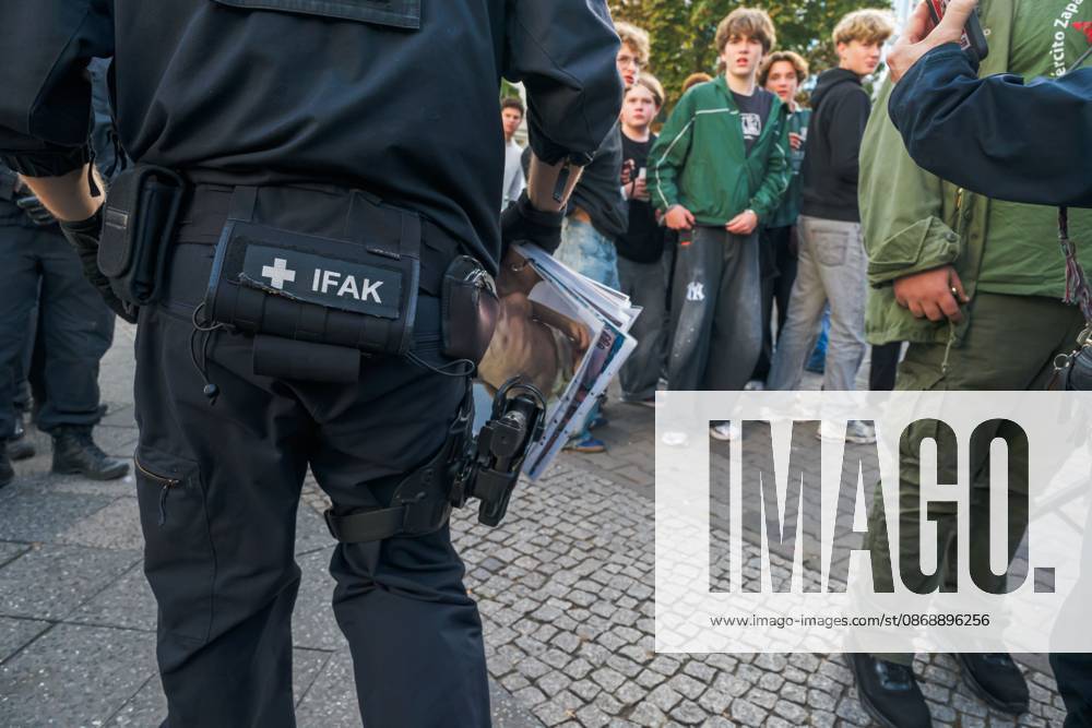 BERLIN, GERMANY, OCTOBER 7, 2026: Demonstrators gather at Checkpoint Charlie in central Berlin to mark three years since the start of the Gaza war. Participants protest against Israelâ€⠢s military actions in Gaza, which they describe as genocide, and express solidarity with Palestinians. Berlin Germany - ZUMAq101 20261007_zna_q101_414