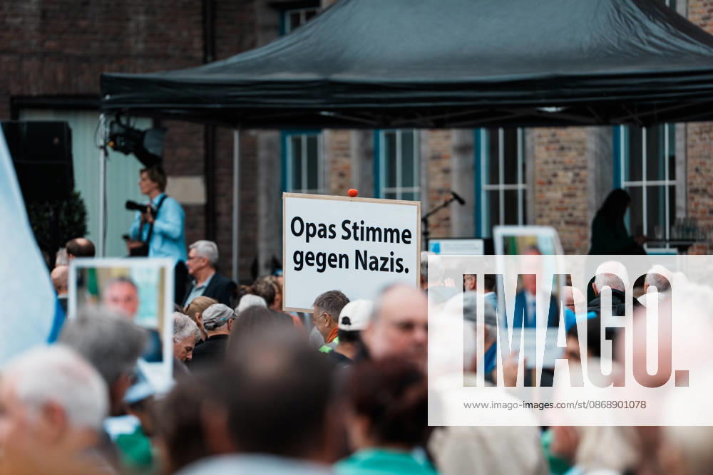 Rally in Düsseldorf marking the anniversary of Hamas’s terrorist attack on Israel on October 7, 2023, and against anti-Semitism; sign: Grandpa’s Voice Against Nazis