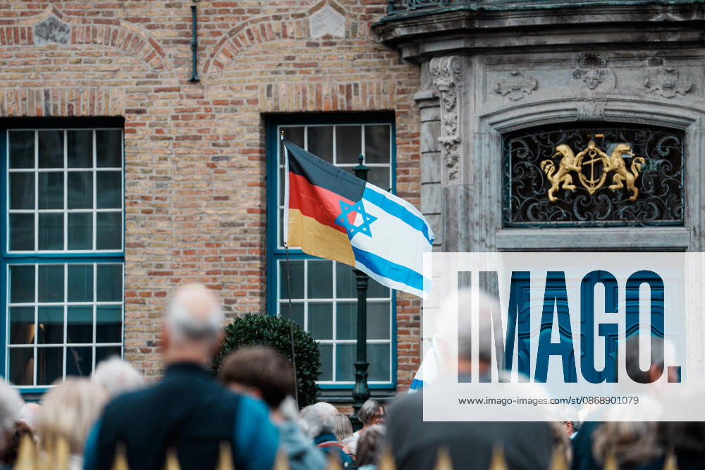 Rally in Düsseldorf marking the anniversary of Hamas’s terrorist attack on Israel on October 7, 2023, and against anti-Semitism; flag, banner, Germany, Israel