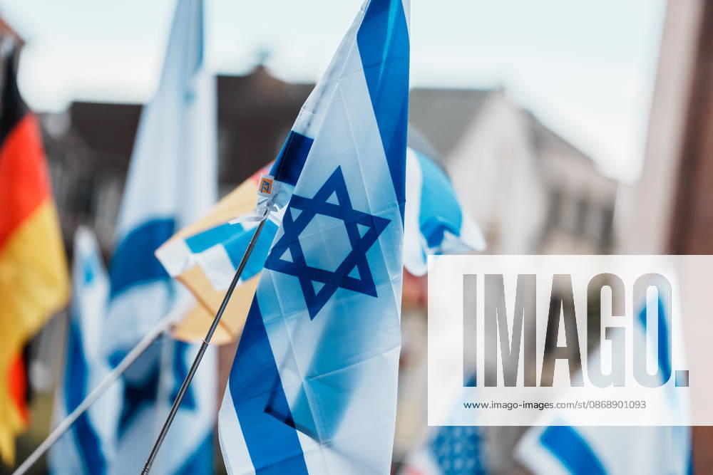 Rally in Düsseldorf marking the anniversary of Hamas’s terrorist attack on Israel on October 7, 2023, and against anti-Semitism; flag, Israel