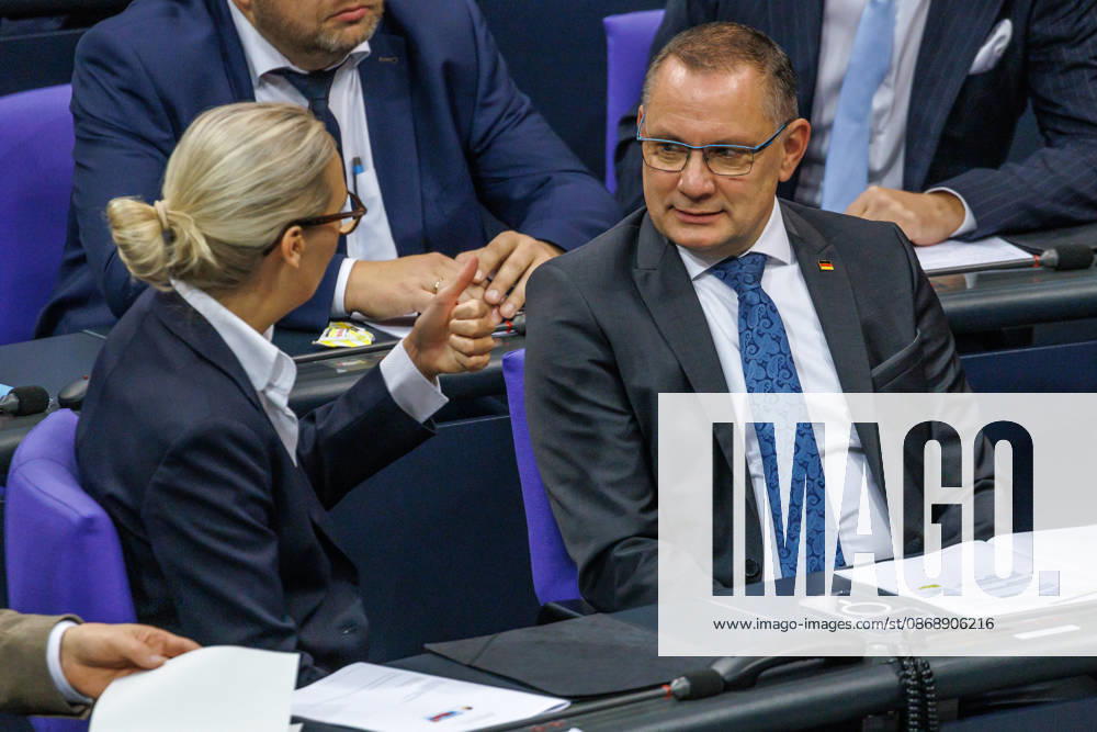Bundestag: Alice Weidel and Tino Chrupalla of the AfD in the German Bundestag on October 8, 2026, in Berlin, Berlin, Berlin, Germany, Bundestag