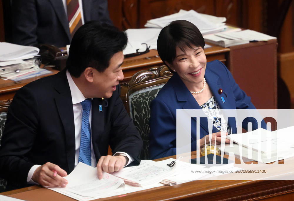 Tokyo, Japan - Japanese Prime Minister Sanae Takaichi (R) chats with Chief Cabinet Secretary Minoru Kihara (L) at Lower House s plenary session at the National Diet in Tokyo on Monday, October 8, 2026. (photo by Yoshio Tsunoda AFLO) aflo_354274216