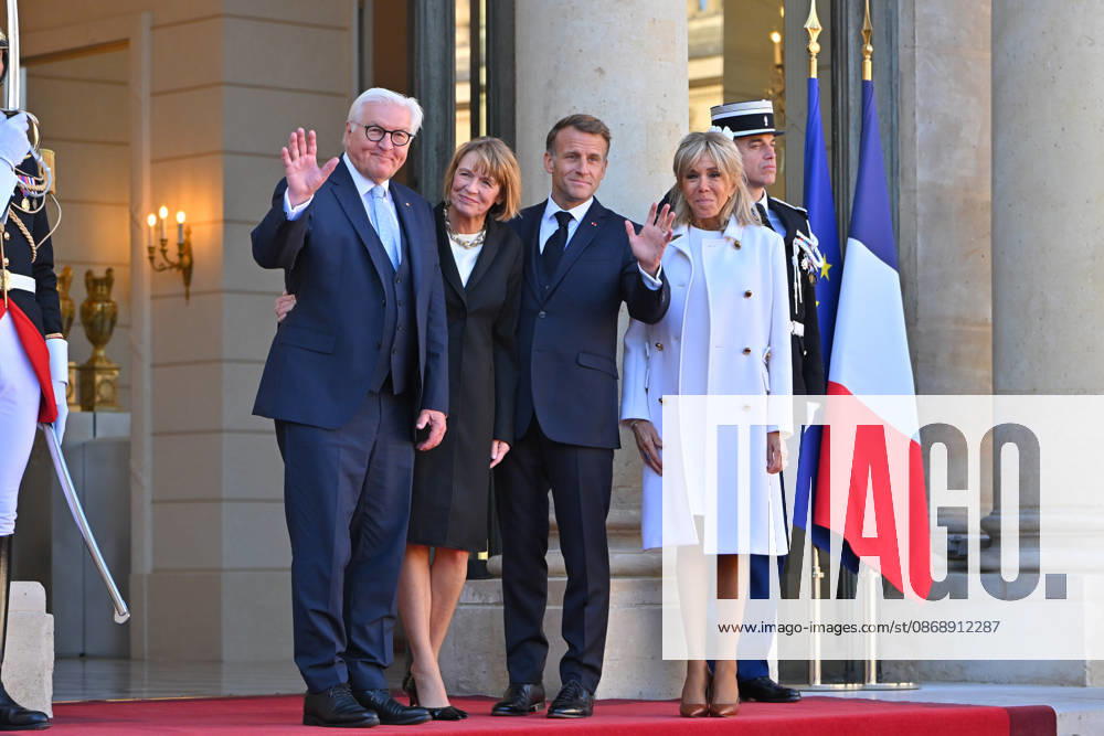 French president hosts German president, Elysee Palace, Paris, France French president Emmanuel Macron and his wife Mme Brigitte Macron host German President Mr Frank Walter Steinmeier and wife Mme Elke Budenbender at the Elysee Palace on October 08, 2026. Paris Elysee Palace Ile de France France