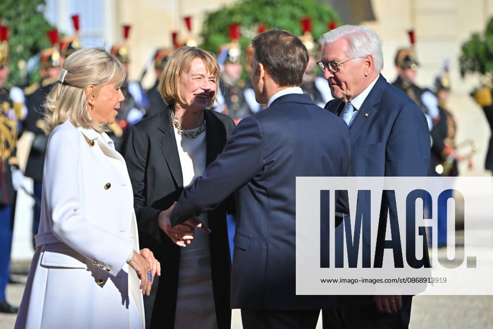 French president hosts German president, Elysee Palace, Paris, France French president Emmanuel Macron and his wife Mme Brigitte Macron host German President Mr Frank Walter Steinmeier and wife Mme Elke Budenbender at the Elysee Palace on October 08, 2026. Paris Elysee Palace Ile de France France