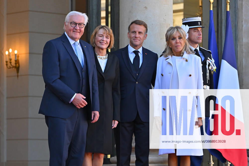 French president hosts German president, Elysee Palace, Paris, France French president Emmanuel Macron and his wife Mme Brigitte Macron host German President Mr Frank Walter Steinmeier and wife Mme Elke Budenbender at the Elysee Palace on October 08, 2026. Paris Elysee Palace Ile de France France