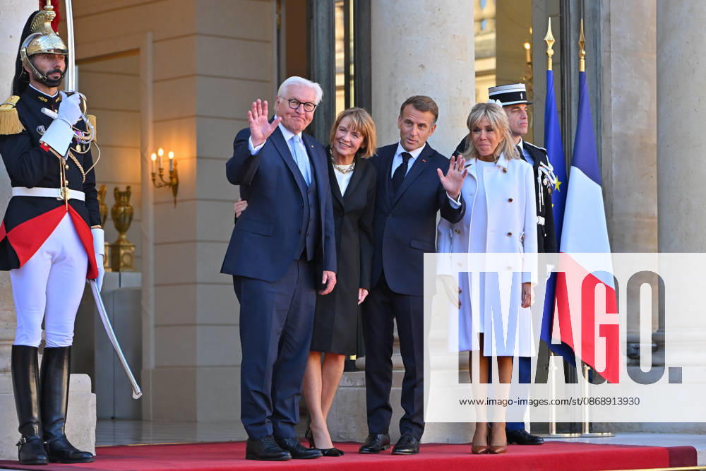 French president hosts German president, Elysee Palace, Paris, France French president Emmanuel Macron and his wife Mme Brigitte Macron host German President Mr Frank Walter Steinmeier and wife Mme Elke Budenbender at the Elysee Palace on October 08, 2026. Paris Elysee Palace Ile de France France