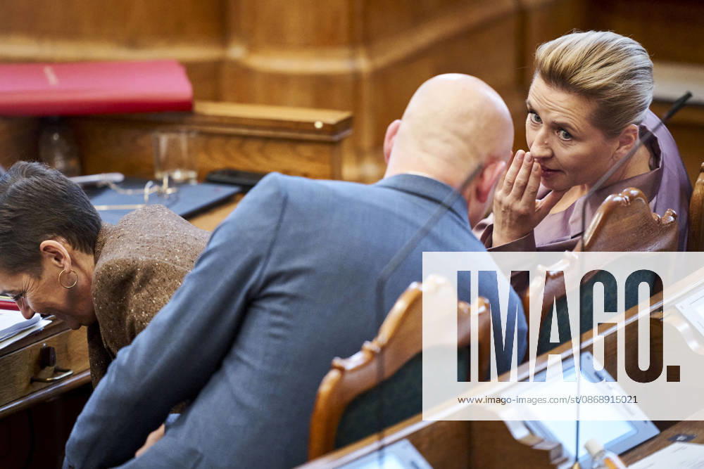 Opening debate in the Danish Parliament: Prime Minister Mette Frederiksen of the Social Democratic Party and Minister of Taxation Jakob Engel Schmidt of the Moderates during the opening debate of the Danish Parliament in the Parliament Hall at Christiansborg on Thursday, October 8, 2026. Photo by Thomas Traasdahl, Ritzau Scanpix, Copenhagen, Denmark