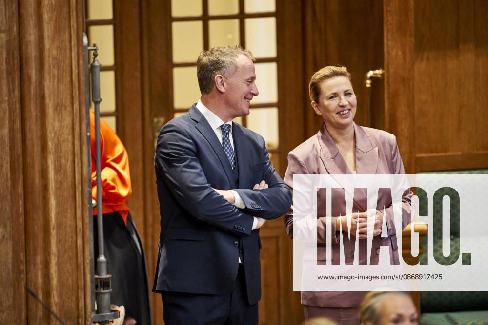 Opening debate in the Danish Parliament: Kim Edberg Andersen of the Danish Democrats and Prime Minister Mette Frederiksen of the Social Democratic Party during the opening debate of the Danish Parliament in the Parliament Hall at Christiansborg on Thursday, October 8, 2026, Copenhagen, Denmark