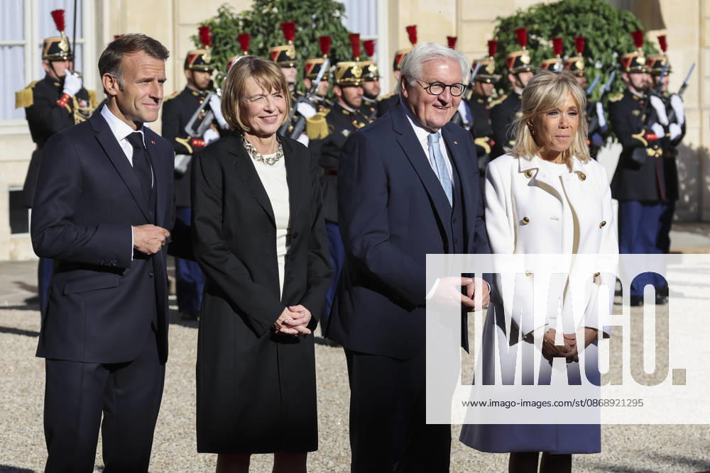 Accueil de Frank-Walter Steinmeier, Prà sident de la Rà publique fà dà rale d Allemagne et de Elke Budenbender par Emmanuel Macron, Prà sident de la Rà publique et Brigitte Macron ce jeudi 8 octobre au palais de lElysà e