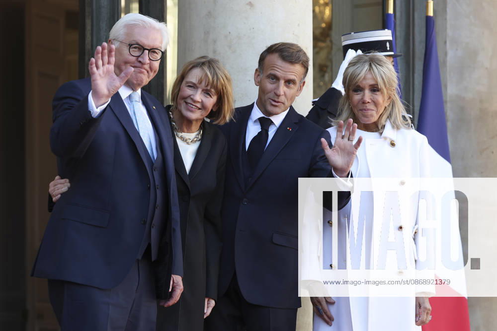 Accueil de Frank-Walter Steinmeier, Prà sident de la Rà publique fà dà rale d Allemagne et de Elke Budenbender par Emmanuel Macron, Prà sident de la Rà publique et Brigitte Macron ce jeudi 8 octobre au palais de lElysà e