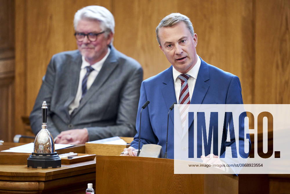 Opening Debate in the Danish Parliament: Morten Messerschmidt, chairman of the Danish People’s Party, at the podium during the opening debate of Parliament in the Parliament Hall at Christiansborg on Thursday, October 8, 2026, Copenhagen, Denmark