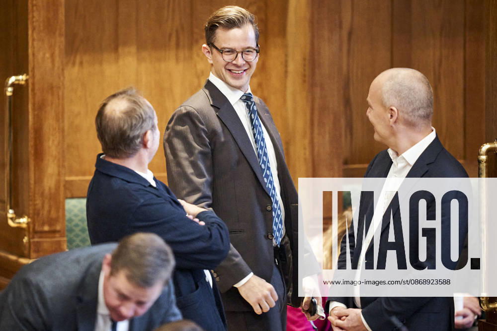 During the opening debate in the Danish Parliament, Minister of Business and Competitiveness Martin Lidegaard of the Social Liberal Party, Liberal Alliance Chairman Alex Vanopslagh, and Red-Green Alliance Political Leader Pelle Dragsted (from left to right) are seen chatting during the parliamentary opening debate in the Folketing Hall a