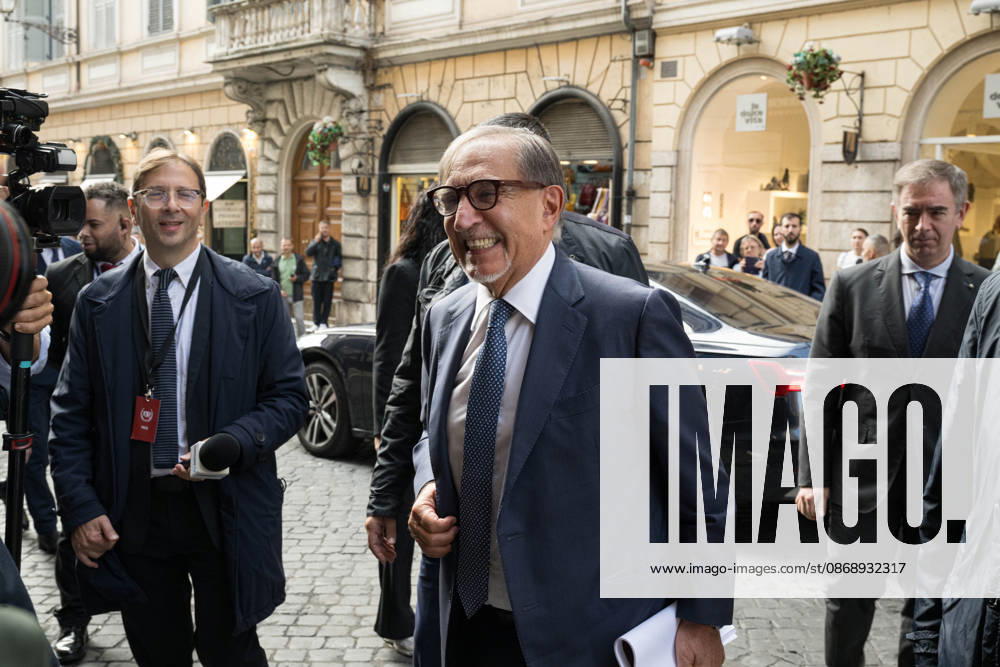 IPA89429551 - Senate President Ignazio La Russa upon his arrival at the Teatro Sistina for the celebrations marking the 150th anniversary of the *Corriere della Sera*, in Rome, Italy, on October 8, 2026. Flavio Brancaleone Fotogramma