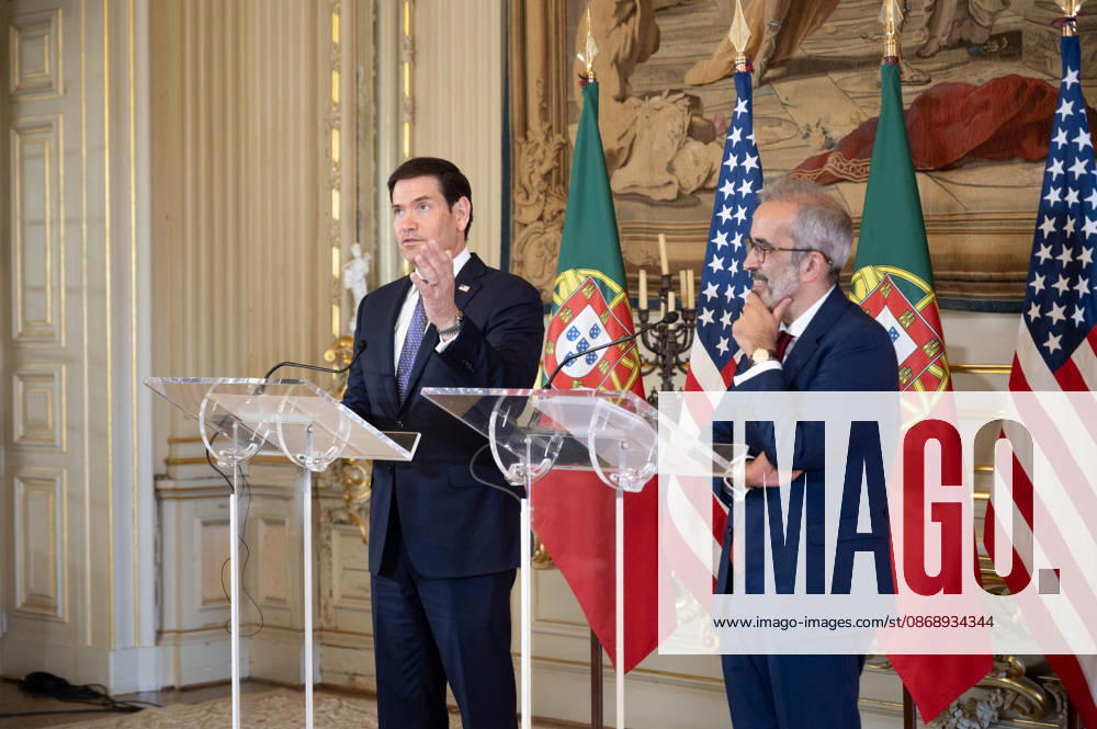 U.S. Secretary of State MARCO RUBIO speaks and gestures at a lectern during a joint press conference with Portuguese Minister of State and Foreign Affairs PAULO RANGEL at Palacio das Necessidades in Lisbon, Portugal, on October 8, 2026. The media appearance follows their bilateral meeting during RUBIO s visit to advance defense, economic and technology cooperation. Lisbon Portugal - ZUMAr238 20261008_zip_r238_003