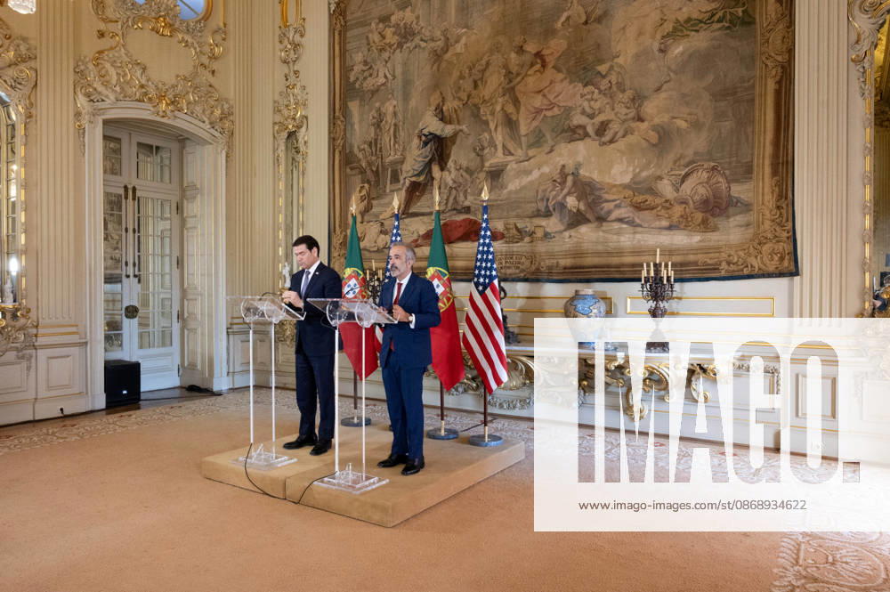 Portugal s Minister of State and Foreign Affairs PAULO RANGEL speaks at a lectern during a joint press conference with the United States secretary of state at Palacio das Necessidades in Lisbon, Portugal, on October 8, 2026. The media appearance follows their bilateral meeting during a U.S. visit aimed at advancing defense, economic and technology cooperation. Lisbon Portugal - ZUMAr238 20261008_zip_r238_009