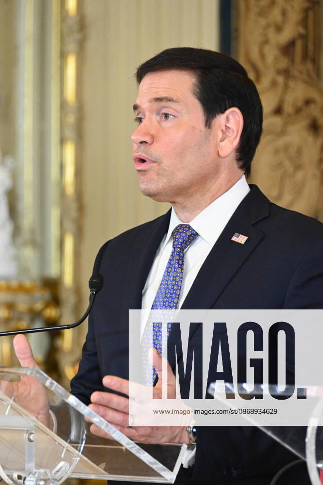 U.S. Secretary of State MARCO RUBIO speaks and gestures at a lectern during a joint press conference with Portuguese Minister of State and Foreign Affairs PAULO RANGEL at Palacio das Necessidades in Lisbon, Portugal, on October 8, 2026, following their bilateral meeting. Lisbon Portugal - ZUMAr238 20261008_zip_r238_015