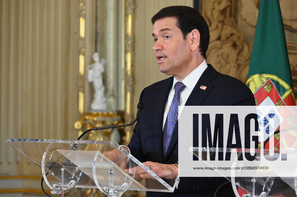 U.S. Secretary of State MARCO RUBIO speaks at a lectern during a joint press conference with Portuguese Minister of State and Foreign Affairs PAULO RANGEL at Palacio das Necessidades in Lisbon, Portugal, on October 8, 2026. The media appearance follows their bilateral meeting during RUBIO s visit to advance defense, economic and technology cooperation. Lisbon Portugal - ZUMAr238 20261008_zip_r238_016