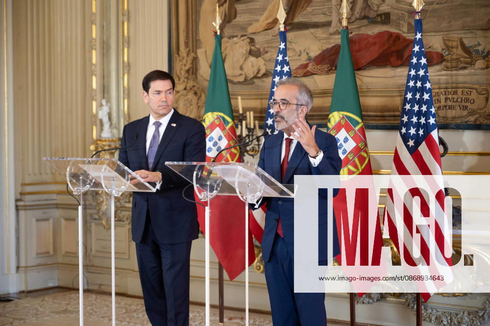 Portugal s Minister of State and Foreign Affairs PAULO RANGEL speaks and gestures at a lectern during a joint press conference with U.S. Secretary of State MARCO RUBIO, left, at Palacio das Necessidades in Lisbon, Portugal, on October 8, 2026. The media appearance followed their bilateral meeting during RUBIO s visit to advance defense, economic and technology cooperation. Lisbon Portugal - ZUMAr238 20261008_zip_r238_011