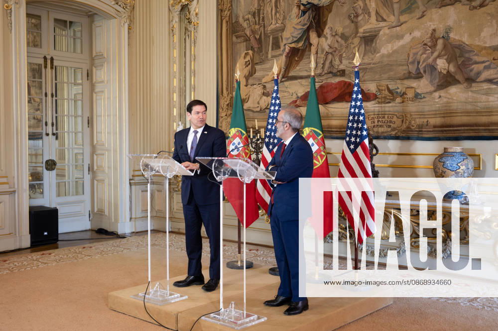 U.S. Secretary of State MARCO RUBIO, left, speaks during a joint press conference with Portuguese Foreign Minister PAULO RANGEL at Palacio das Necessidades in Lisbon, Portugal, on October 8, 2026. The media appearance followed their bilateral meeting during RUBIO s visit to advance defense, economic and technology cooperation. Lisbon Portugal - ZUMAr238 20261008_zip_r238_023