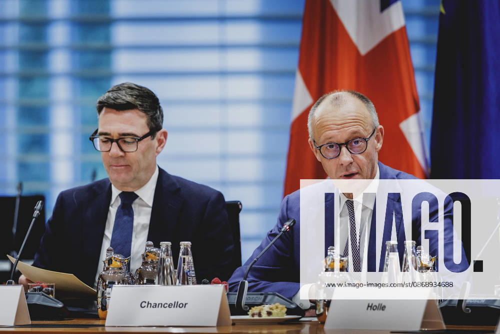 R. L. Friedrich Merz (CDU), Chancellor of Germany, and Andrew Burnham, Prime Minister of the United Kingdom, photographed while attending the Regional Growth Forum at the Federal Chancellery in Berlin, October 8, 2026, Berlin, Germany