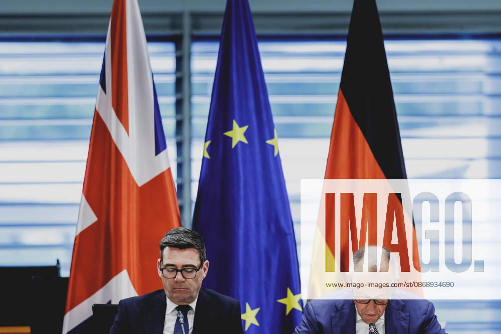 R. L. Friedrich Merz (CDU), Chancellor of Germany, and Andrew Burnham, Prime Minister of the United Kingdom, photographed while attending the Regional Growth Forum at the Federal Chancellery in Berlin, October 8, 2026, Berlin, Germany