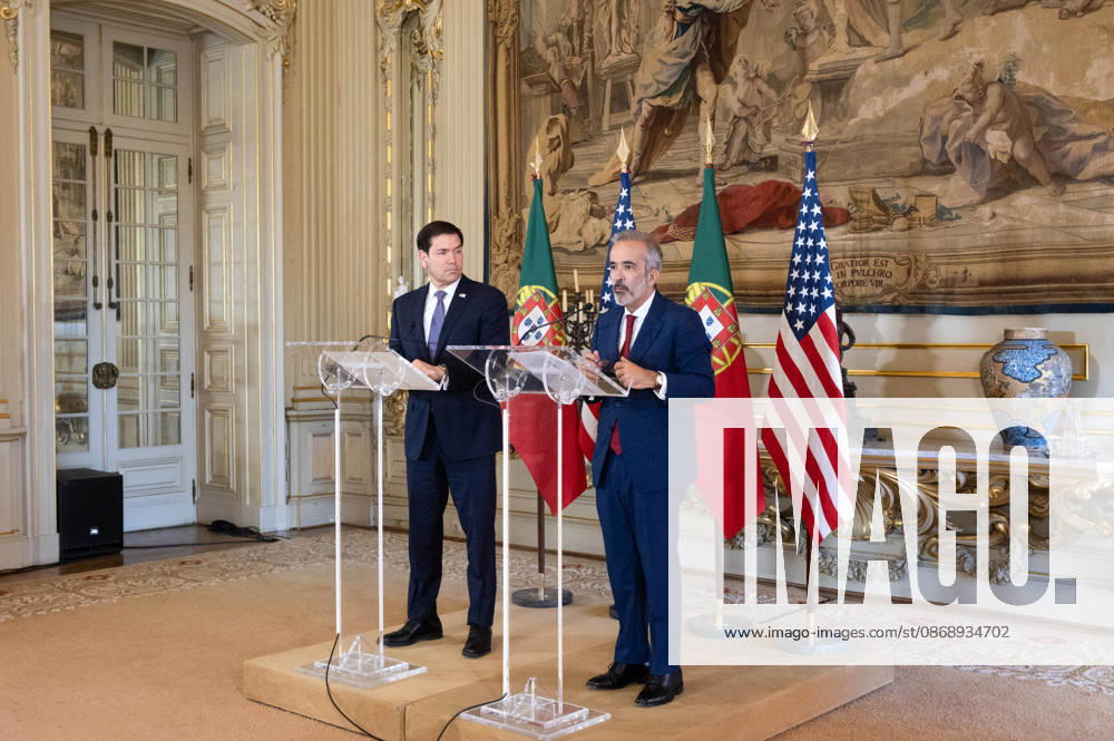 Portuguese Minister of State and Foreign Affairs PAULO RANGEL speaks at a lectern during a joint press conference with U.S. Secretary of State MARCO RUBIO at the Palacio das Necessidades in Lisbon, Portugal, on October 8, 2026. The media appearance follows their bilateral meeting during RUBIO s visit to advance defense, economic and technology cooperation. Lisbon Portugal - ZUMAr238 20261008_zip_r238_022
