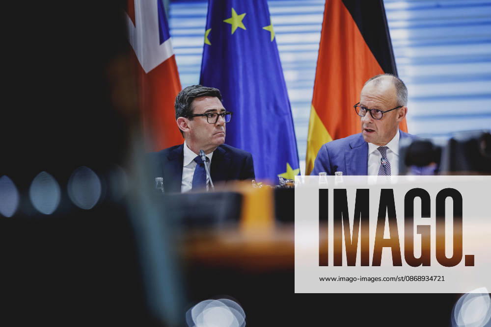 R. L. Friedrich Merz (CDU), Chancellor of Germany, and Andrew Burnham, Prime Minister of the United Kingdom, photographed while attending the Regional Growth Forum at the Federal Chancellery in Berlin, October 8, 2026, Berlin, Germany