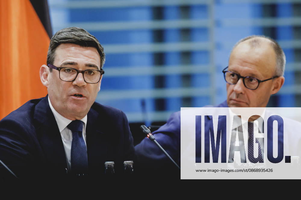 R. L. Friedrich Merz (CDU), Chancellor of Germany, and Andrew Burnham, Prime Minister of the United Kingdom, photographed while attending the Regional Growth Forum at the Federal Chancellery in Berlin, October 8, 2026, Berlin, Germany