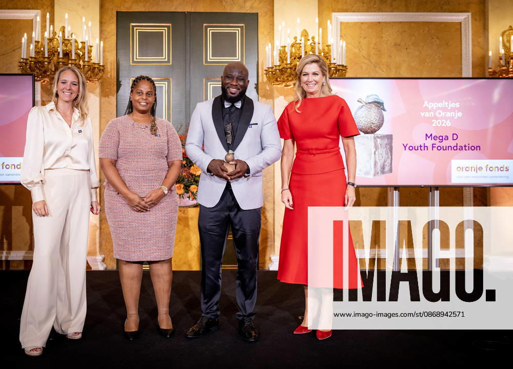 Palace Queen Maxima presented the 2026 Appeltjes van Oranje awards at palace Noordeinde in The Hague. Winner Mega D youth foundation Â