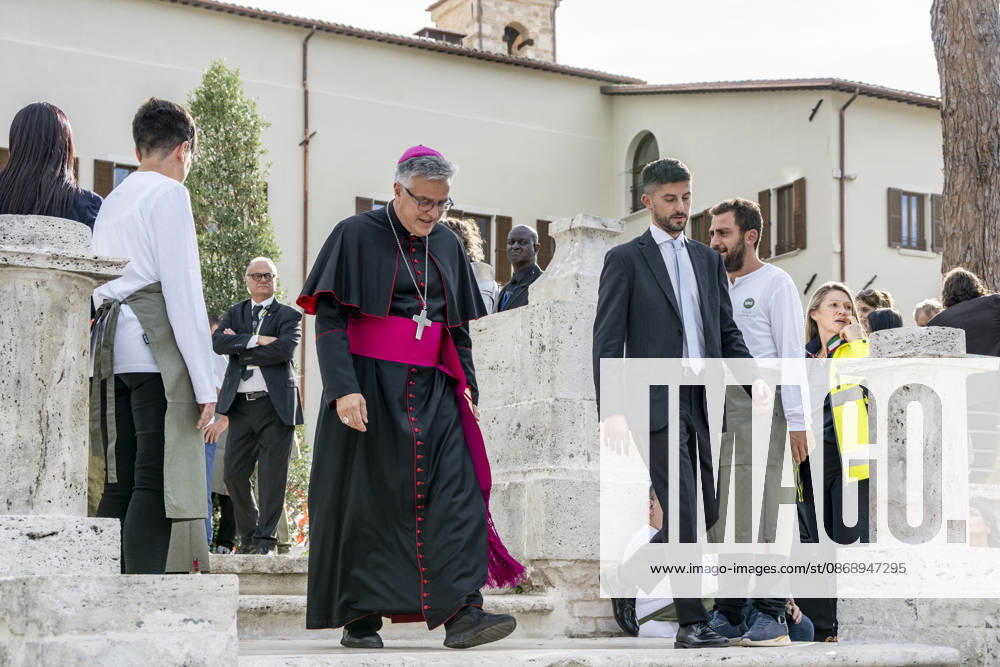 IPA89434780 - ASCOLI PICENO, ITALY OCTOBER 8, 2026: Prime Minister Giorgia Meloni attends the presentation and inauguration ceremony for the Palazzo Saladini Pilastri complex and its monumental park in Ascoli Piceno. The restoration project is part of the PINQuA program for urban regeneration and the enhancement of the citys historical heritage. Pictured: Gian Piero Palmieri, Bishop of Ascoli P. and San Benedetto del Tronto. (Photo: Andrea Vagnoni IPA Agency)