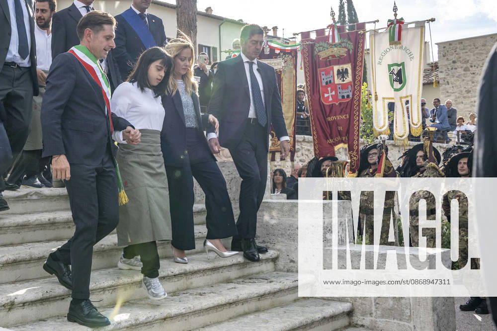 IPA89434821 - ASCOLI PICENO, ITALY OCTOBER 8, 2026: Prime Minister Giorgia Meloni attends the presentation and inauguration ceremony for the Palazzo Saladini Pilastri complex and its historic park in Ascoli Piceno. The restoration project is part of the PINQuA program for urban regeneration and the enhancement of the citys historical heritage. (Photo: Andrea Vagnoni IPA Agency)