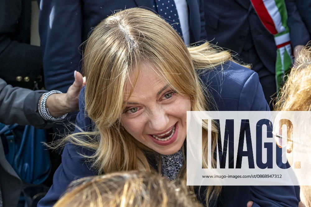 IPA89434846 - ASCOLI PICENO, ITALY OCTOBER 8, 2026: Prime Minister Giorgia Meloni attends the presentation and inauguration ceremony for the Palazzo Saladini Pilastri complex and its monumental park in Ascoli Piceno. The restoration project is part of the PINQuA program for urban regeneration and the enhancement of the citys historical heritage. (Photo: Andrea Vagnoni IPA Agency)